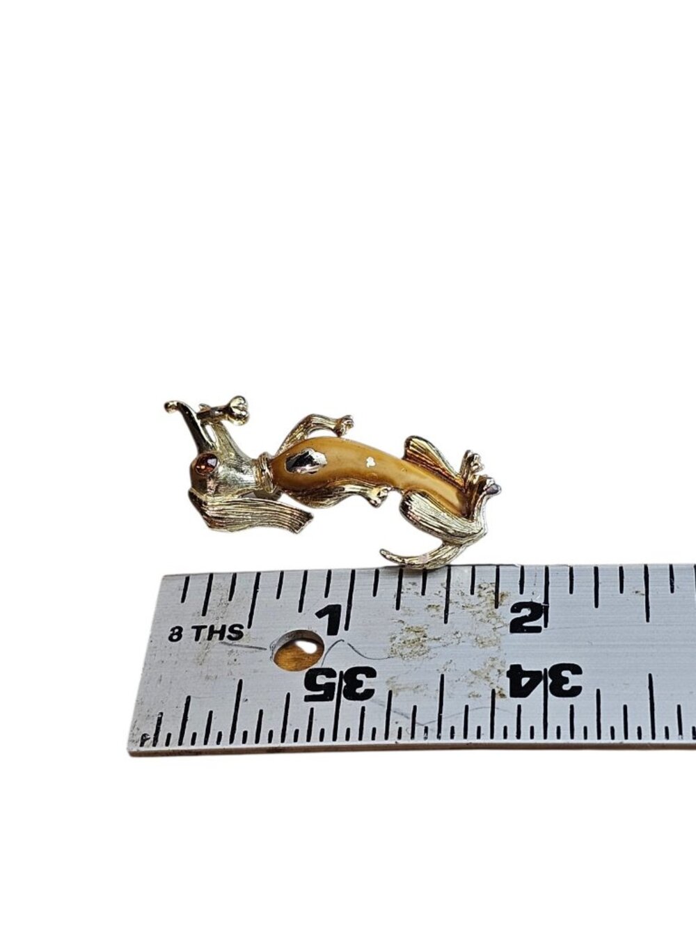 Vintage Gold Tone Dog Brooch Pair Amber Lucite Eye Rhinestone Mid Century - Picture 3 of 4